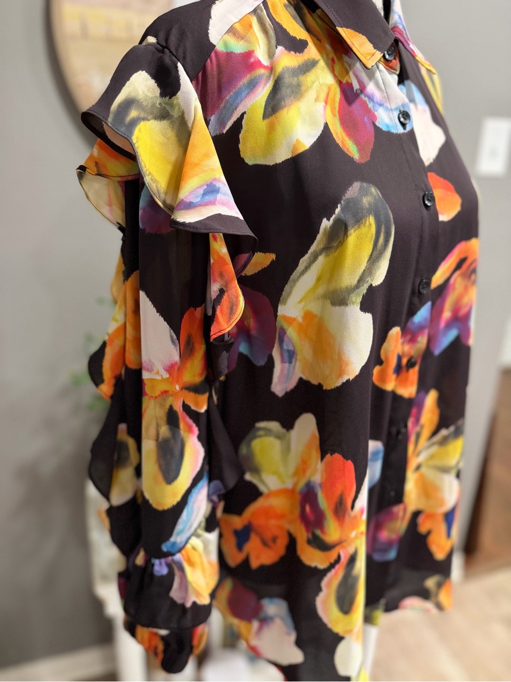 Chico's chiffon botanical Black Floral Ruffle-Sleeve Button Blouse - Picture 7 of 11